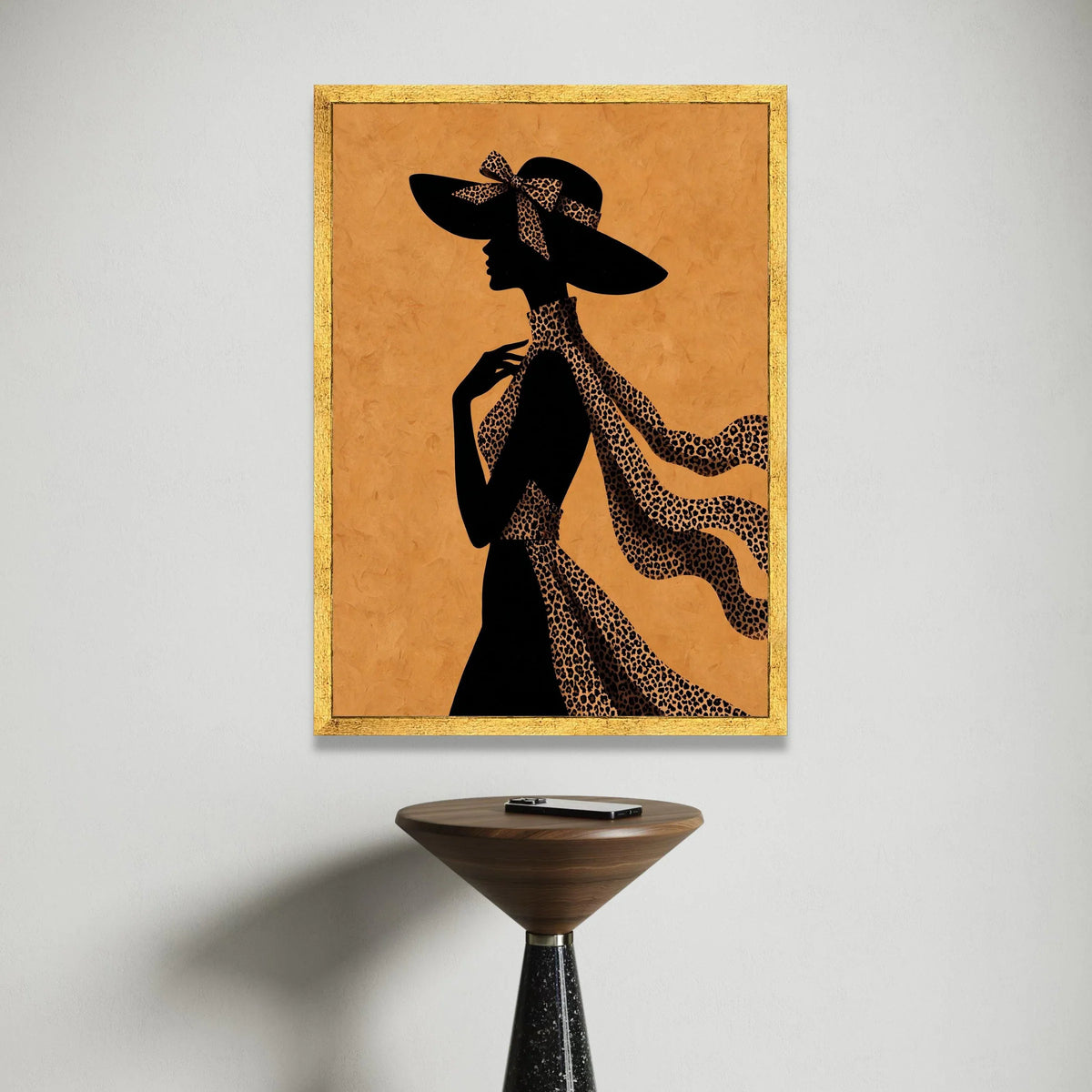 Elegant Woman Silhouette Canvas, Leopard Print Scarf and Hat, Fashion Wall Art, Chic Home Decor, Stylish Feminine Canvas Canvas Print Art