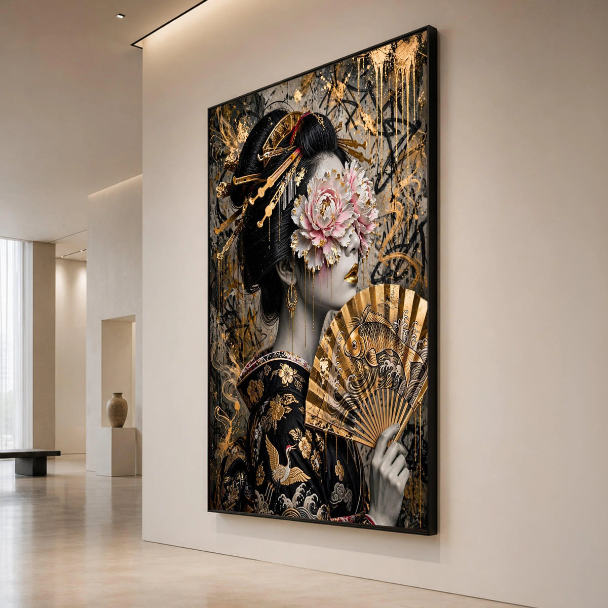 Elegant Geisha Portrait Canvas Wall Art, Gold Embellished Floral Mask, Japanese Fan Artwork, Asian Culture Home Decor Canvas Print Art