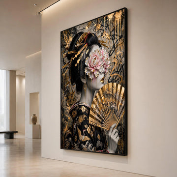 Elegant Geisha Portrait Canvas Wall Art, Gold Embellished Floral Mask, Japanese Fan Artwork, Asian Culture Home Decor Canvas Print Art