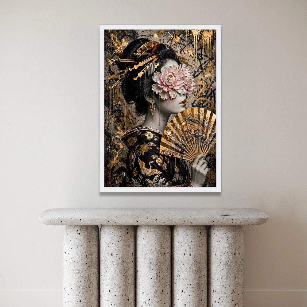 Elegant Geisha Portrait Canvas Wall Art, Gold Embellished Floral Mask, Japanese Fan Artwork, Asian Culture Home Decor Canvas Print Art