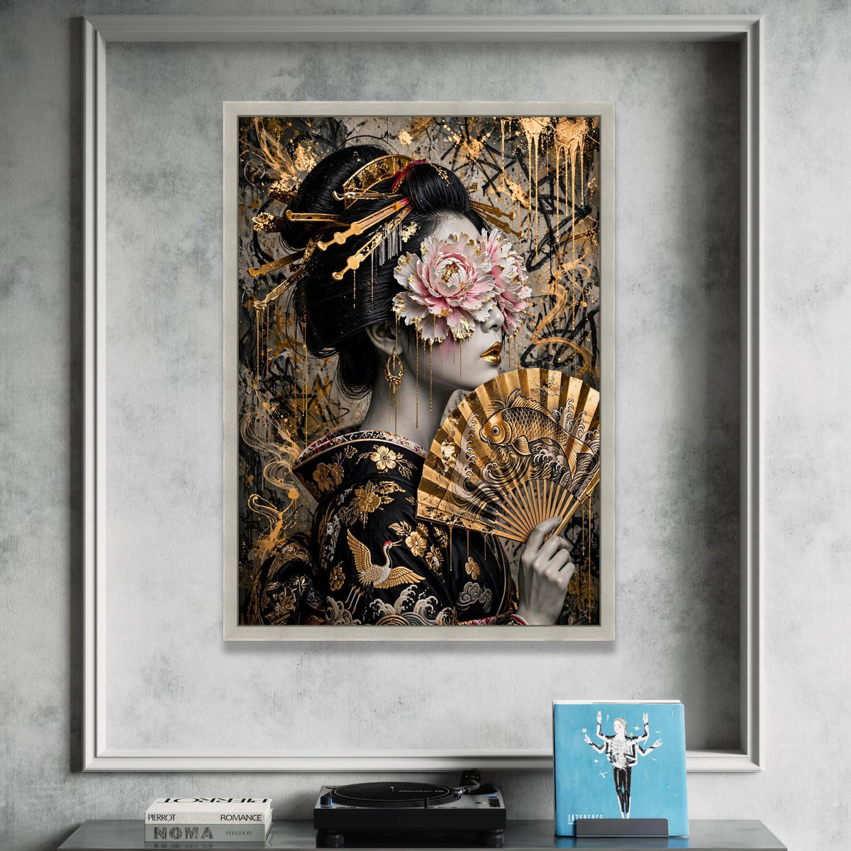 Elegant Geisha Portrait Canvas Wall Art, Gold Embellished Floral Mask, Japanese Fan Artwork, Asian Culture Home Decor Canvas Print Art