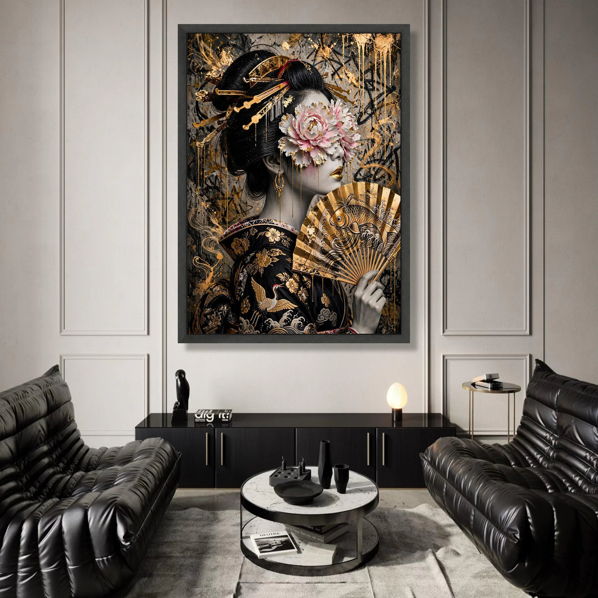 Elegant Geisha Portrait Canvas Wall Art, Gold Embellished Floral Mask, Japanese Fan Artwork, Asian Culture Home Decor Canvas Print Art