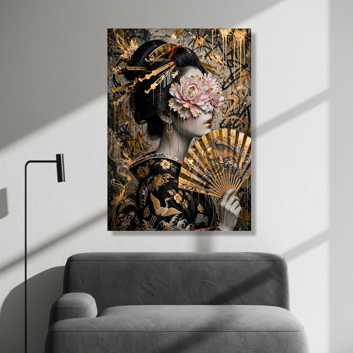 Elegant Geisha Portrait Canvas Wall Art, Gold Embellished Floral Mask, Japanese Fan Artwork, Asian Culture Home Decor Canvas Print Art