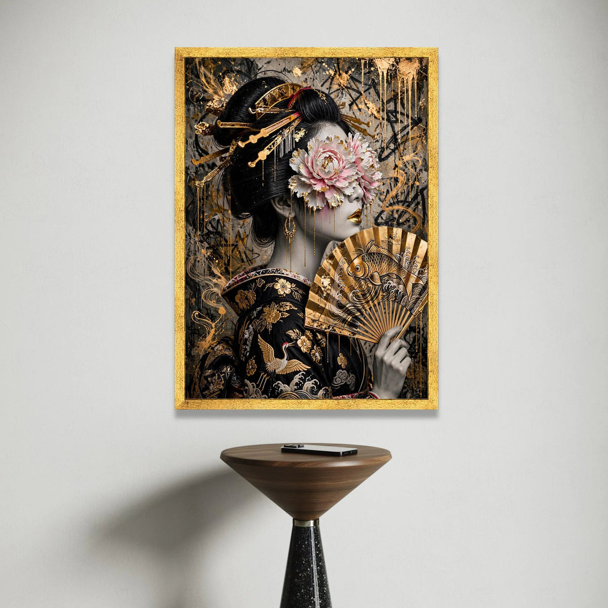 Elegant Geisha Portrait Canvas Wall Art, Gold Embellished Floral Mask, Japanese Fan Artwork, Asian Culture Home Decor Canvas Print Art