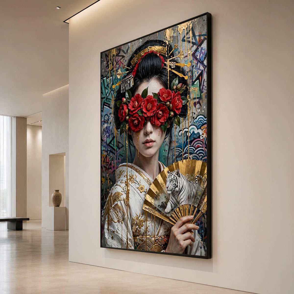 Elegant Geisha Woman with Red Camellia Flowers Canvas, Asian Art Portrait with Golden Fan and White Tiger, Modern Wall Canvas Print Art