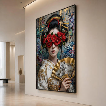 Elegant Geisha Woman with Red Camellia Flowers Canvas, Asian Art Portrait with Golden Fan and White Tiger, Modern Wall Canvas Print Art