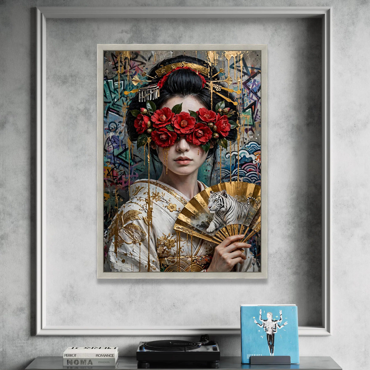 Elegant Geisha Woman with Red Camellia Flowers Canvas, Asian Art Portrait with Golden Fan and White Tiger, Modern Wall Canvas Print Art