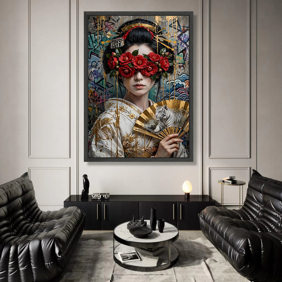 Elegant Geisha Woman with Red Camellia Flowers Canvas, Asian Art Portrait with Golden Fan and White Tiger, Modern Wall Canvas Print Art
