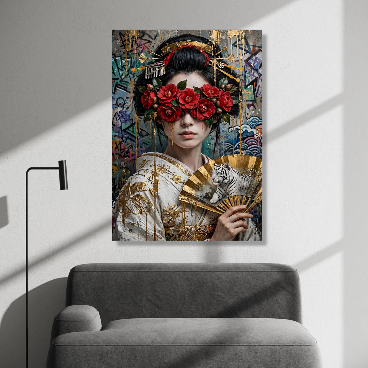 Elegant Geisha Woman with Red Camellia Flowers Canvas, Asian Art Portrait with Golden Fan and White Tiger, Modern Wall Canvas Print Art