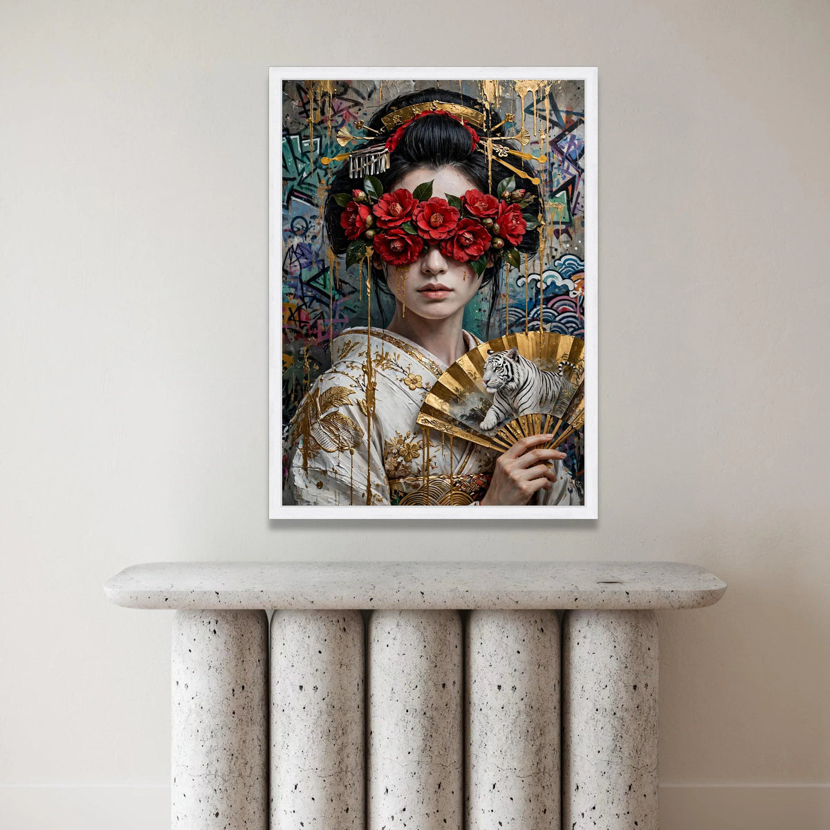 Elegant Geisha Woman with Red Camellia Flowers Canvas, Asian Art Portrait with Golden Fan and White Tiger, Modern Wall Canvas Print Art