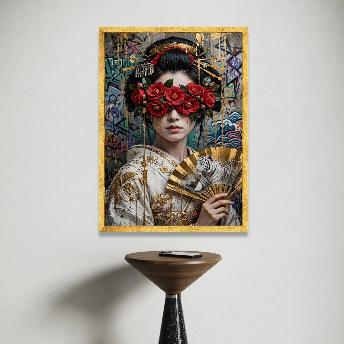 Elegant Geisha Woman with Red Camellia Flowers Canvas, Asian Art Portrait with Golden Fan and White Tiger, Modern Wall Canvas Print Art