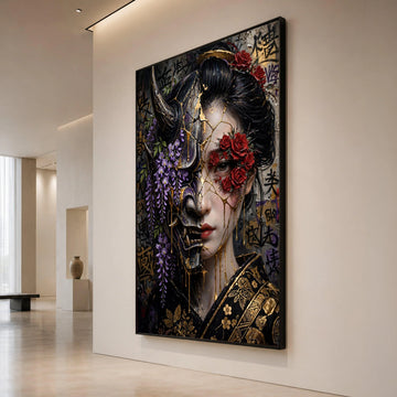 Dual Face Geisha Canvas Wall Art, Floral Mask Portrait, Japanese Warrior Theme, Red Roses and Purple Wisteria, Gold Accent Canvas Print Art