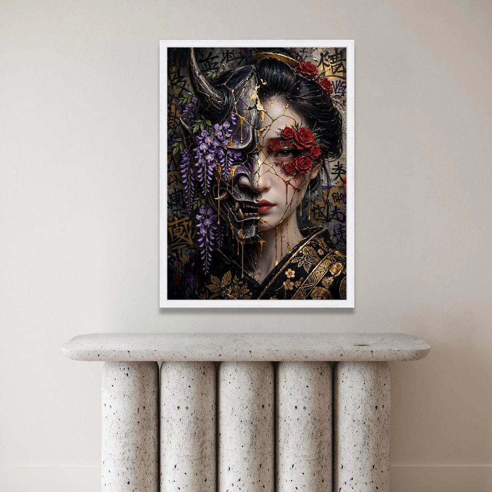 Dual Face Geisha Canvas Wall Art, Floral Mask Portrait, Japanese Warrior Theme, Red Roses and Purple Wisteria, Gold Accent Canvas Print Art