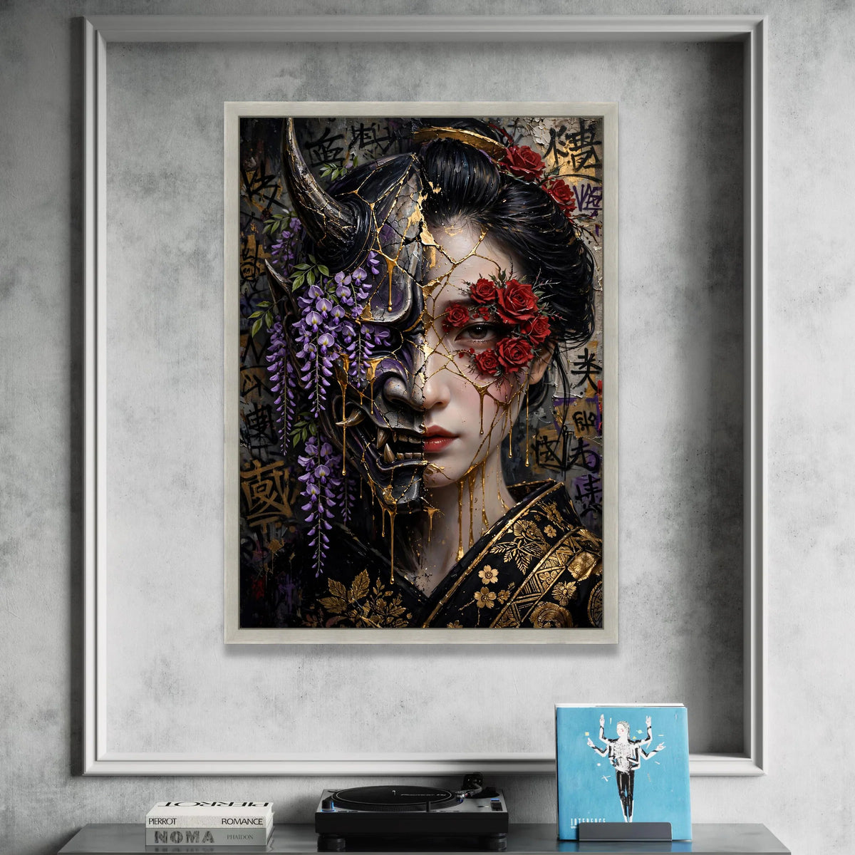 Dual Face Geisha Canvas Wall Art, Floral Mask Portrait, Japanese Warrior Theme, Red Roses and Purple Wisteria, Gold Accent Canvas Print Art
