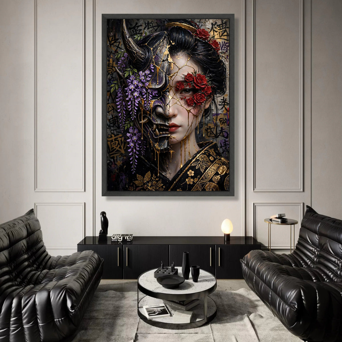 Dual Face Geisha Canvas Wall Art, Floral Mask Portrait, Japanese Warrior Theme, Red Roses and Purple Wisteria, Gold Accent Canvas Print Art