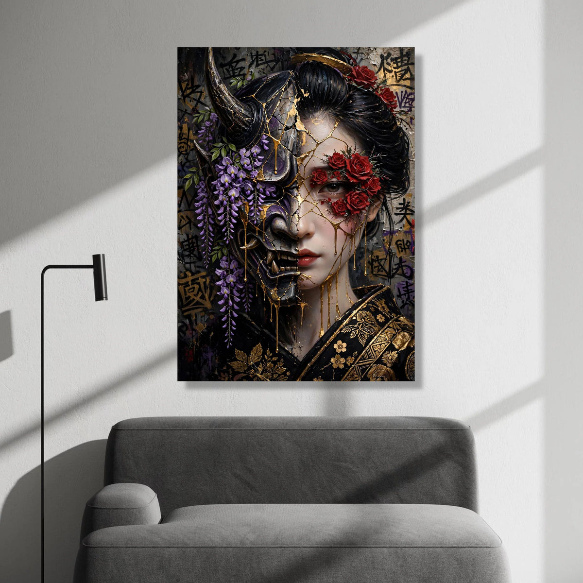 Dual Face Geisha Canvas Wall Art, Floral Mask Portrait, Japanese Warrior Theme, Red Roses and Purple Wisteria, Gold Accent Canvas Print Art