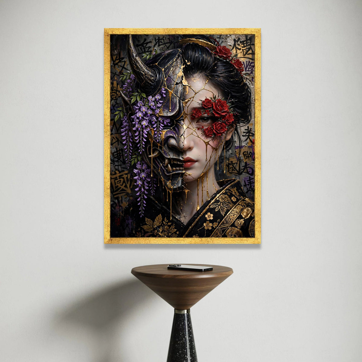 Dual Face Geisha Canvas Wall Art, Floral Mask Portrait, Japanese Warrior Theme, Red Roses and Purple Wisteria, Gold Accent Canvas Print Art