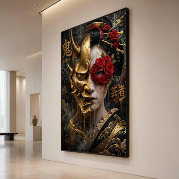 Golden Oni Mask and Geisha Face Canvas, Japanese Art Wall Decor, Red Rose Floral Mask, Asian Cultural Canvas, Dramatic Canvas Print Art