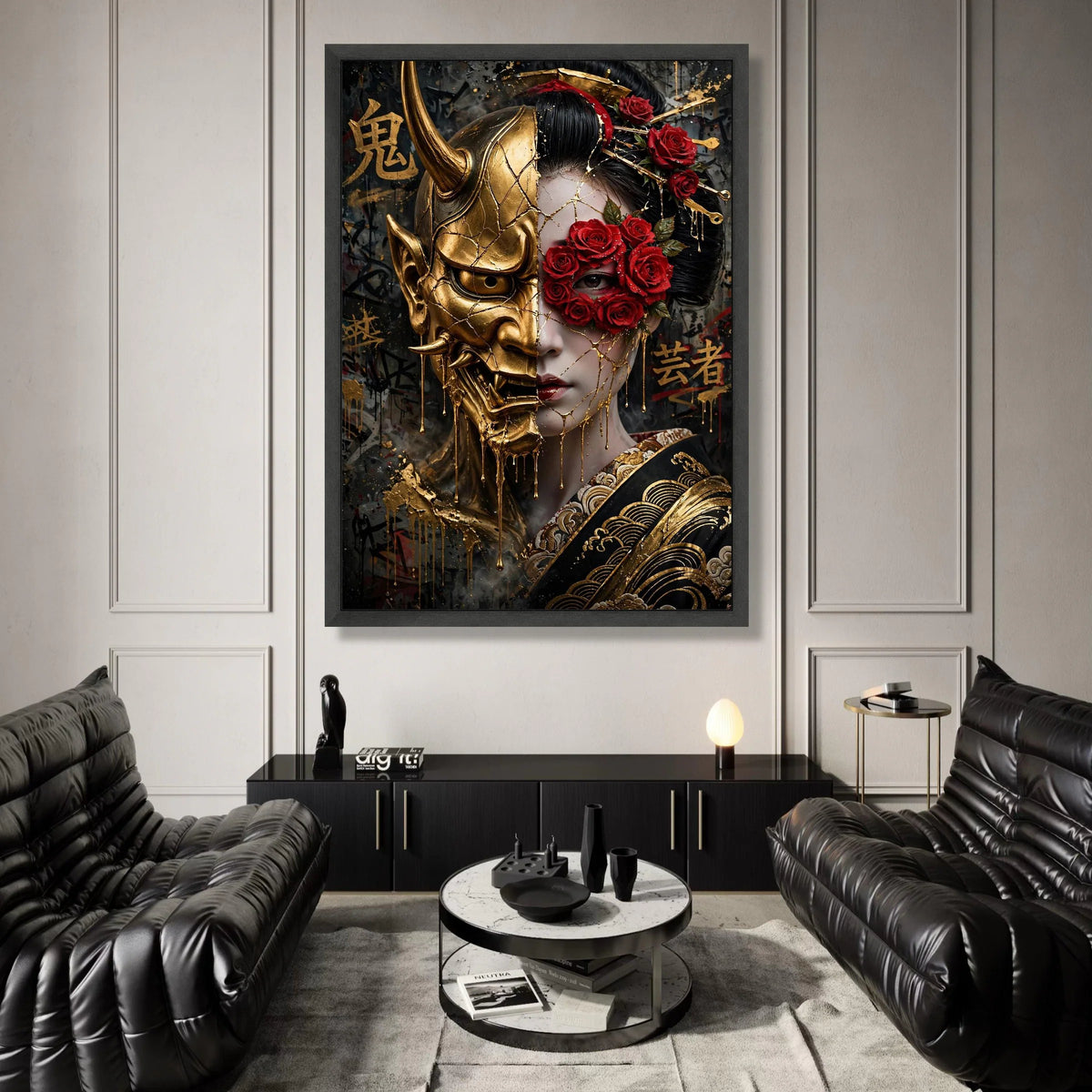Golden Oni Mask and Geisha Face Canvas, Japanese Art Wall Decor, Red Rose Floral Mask, Asian Cultural Canvas, Dramatic Canvas Print Art