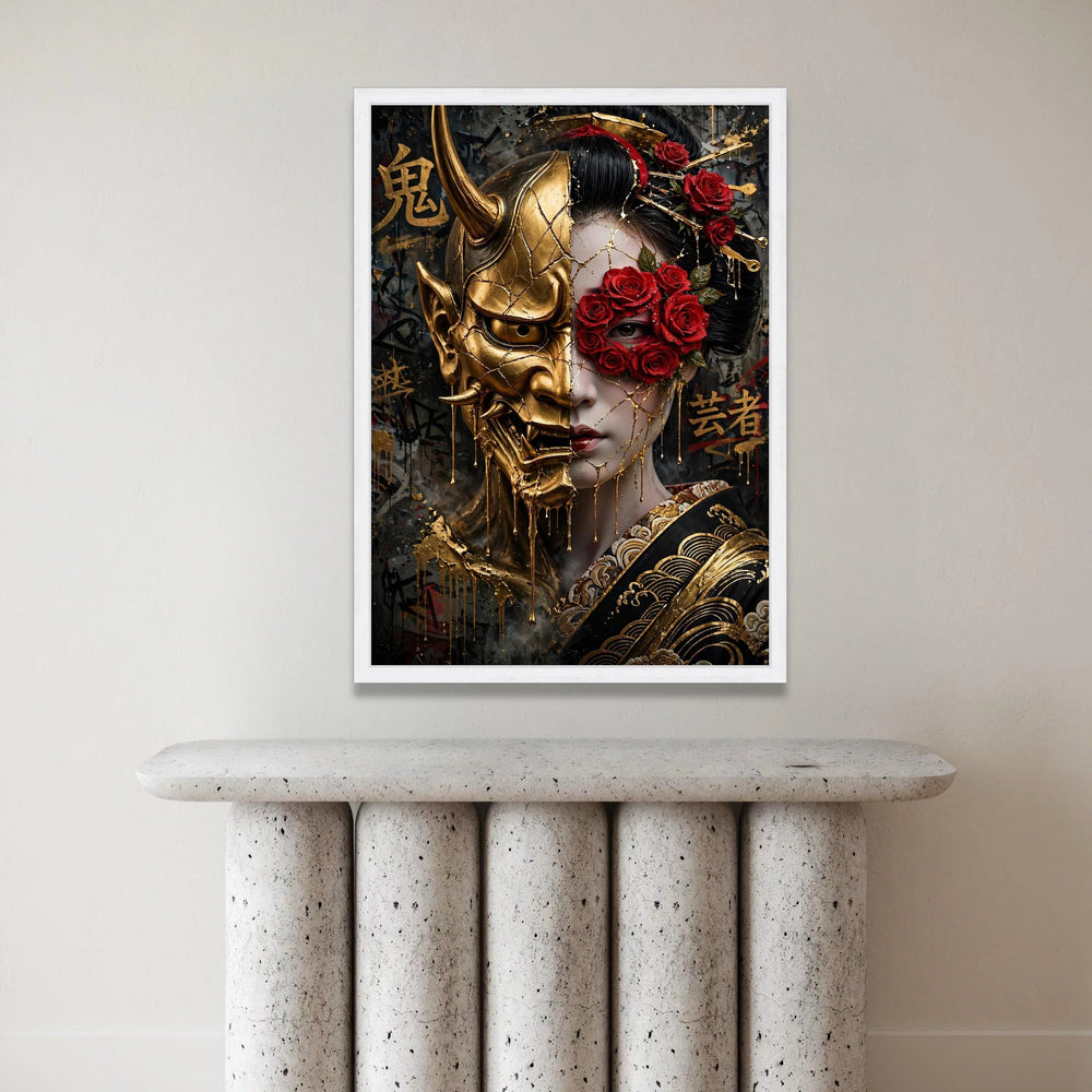 Golden Oni Mask and Geisha Face Canvas, Japanese Art Wall Decor, Red Rose Floral Mask, Asian Cultural Canvas, Dramatic Canvas Print Art