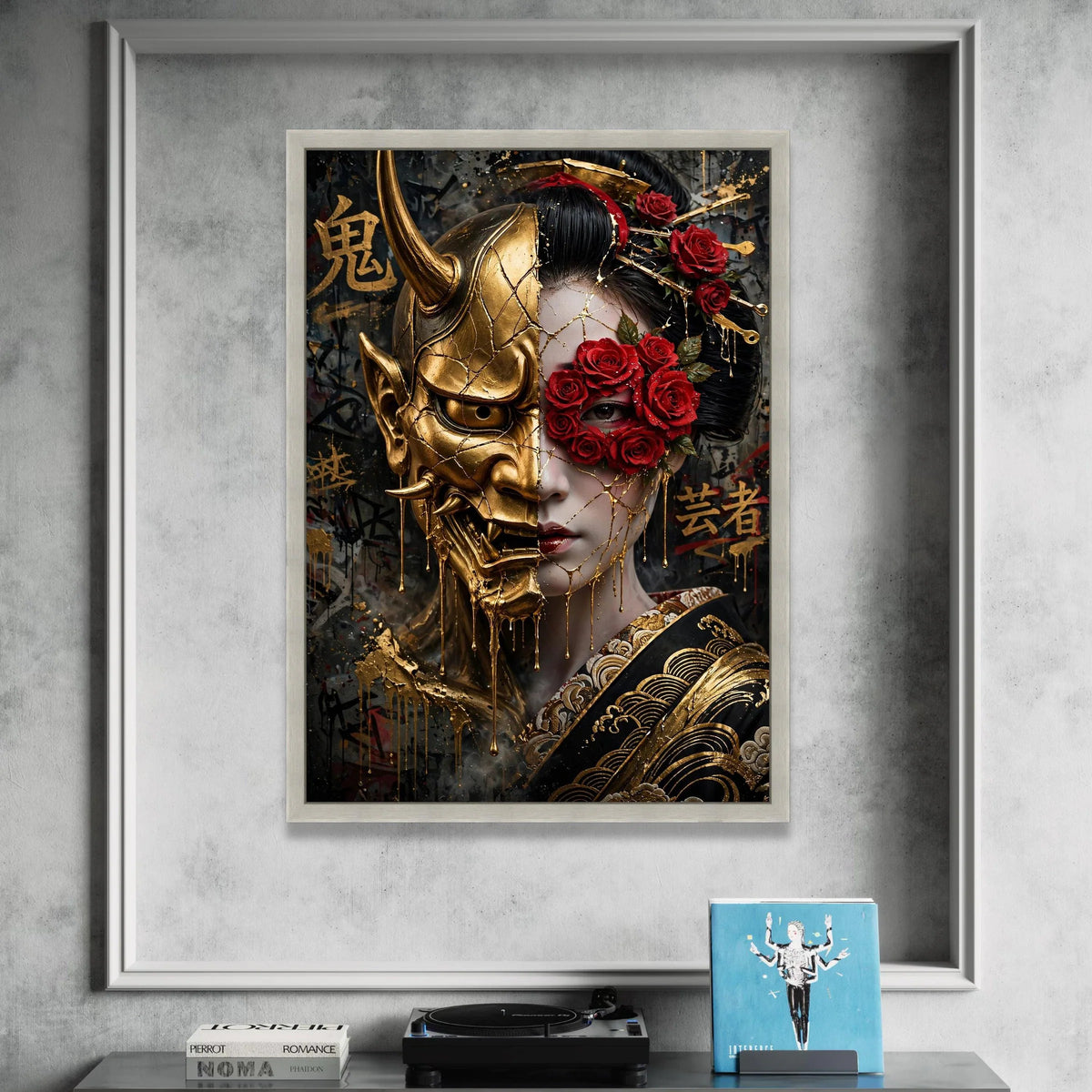 Golden Oni Mask and Geisha Face Canvas, Japanese Art Wall Decor, Red Rose Floral Mask, Asian Cultural Canvas, Dramatic Canvas Print Art
