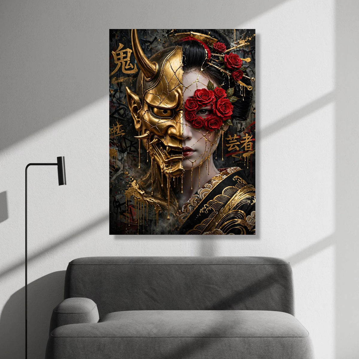 Golden Oni Mask and Geisha Face Canvas, Japanese Art Wall Decor, Red Rose Floral Mask, Asian Cultural Canvas, Dramatic Canvas Print Art