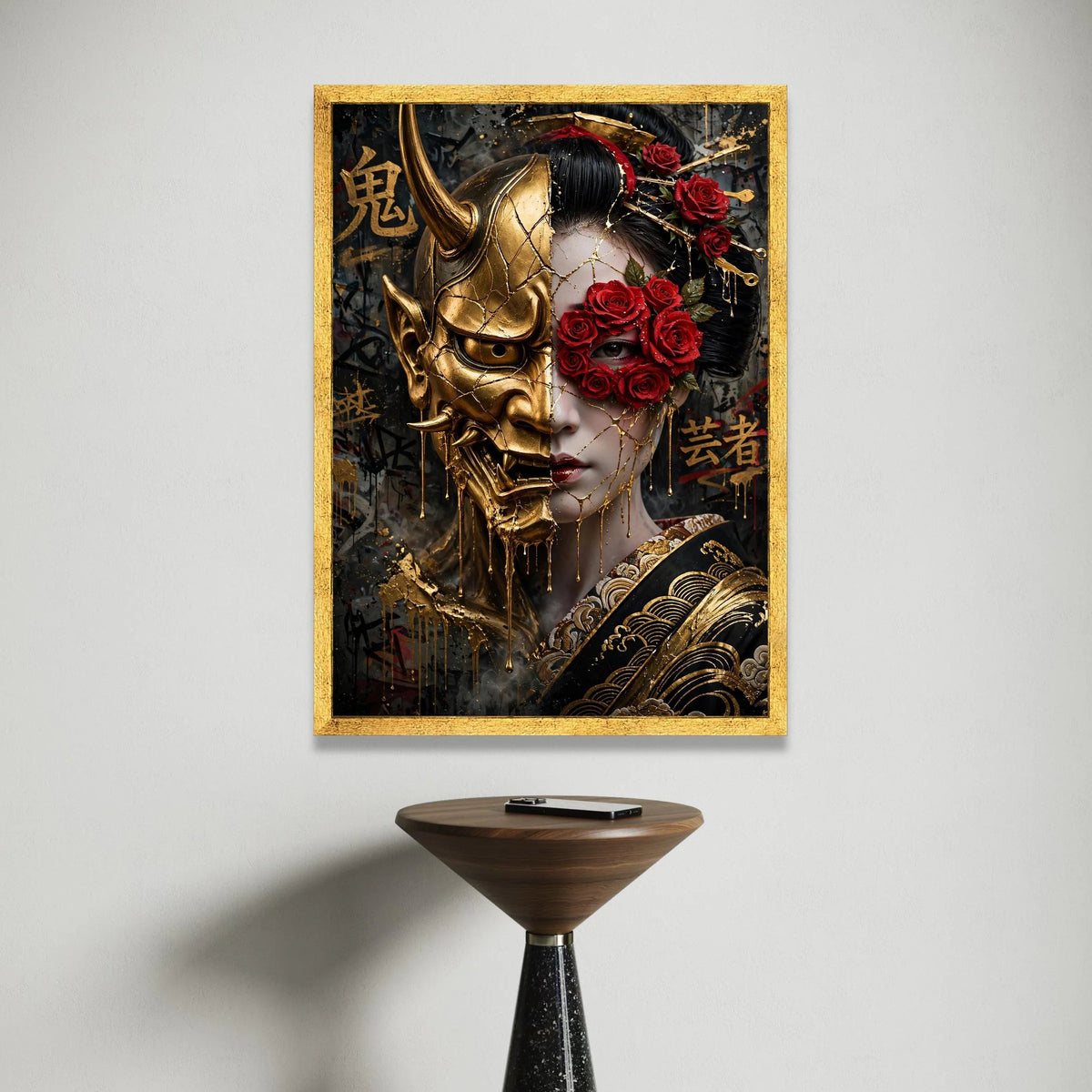 Golden Oni Mask and Geisha Face Canvas, Japanese Art Wall Decor, Red Rose Floral Mask, Asian Cultural Canvas, Dramatic Canvas Print Art