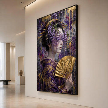 Regal Geisha Portrait Canvas, Purple Wisteria Flowers Art, Gold Fan Decoration, Asian Wall Hanging, Elegant Home Canvas Canvas Print Art