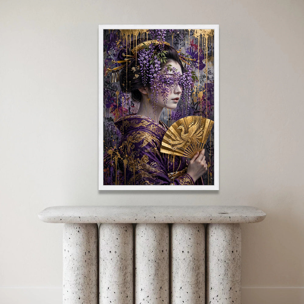 Regal Geisha Portrait Canvas, Purple Wisteria Flowers Art, Gold Fan Decoration, Asian Wall Hanging, Elegant Home Canvas Canvas Print Art