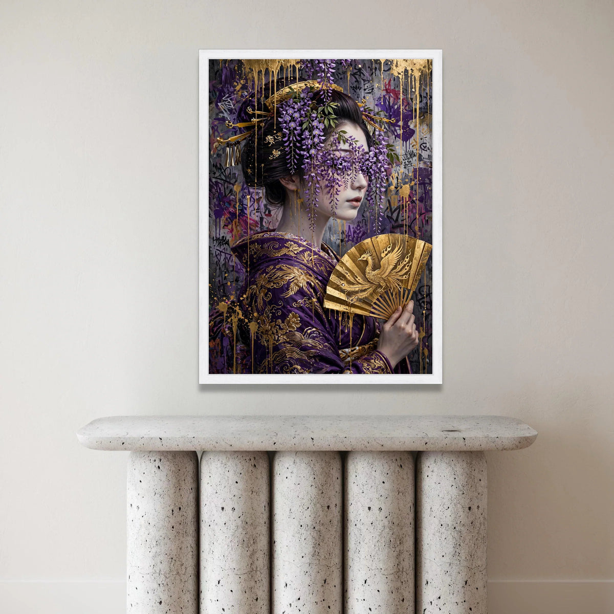 Regal Geisha Portrait Canvas, Purple Wisteria Flowers Art, Gold Fan Decoration, Asian Wall Hanging, Elegant Home Canvas Canvas Print Art