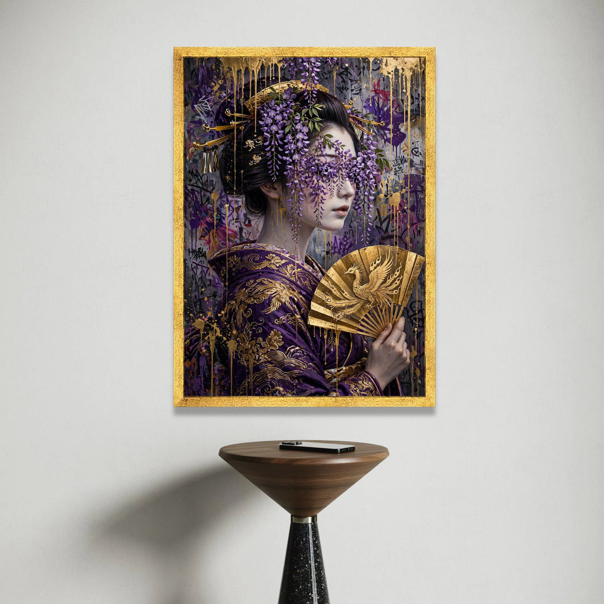 Regal Geisha Portrait Canvas, Purple Wisteria Flowers Art, Gold Fan Decoration, Asian Wall Hanging, Elegant Home Canvas Canvas Print Art