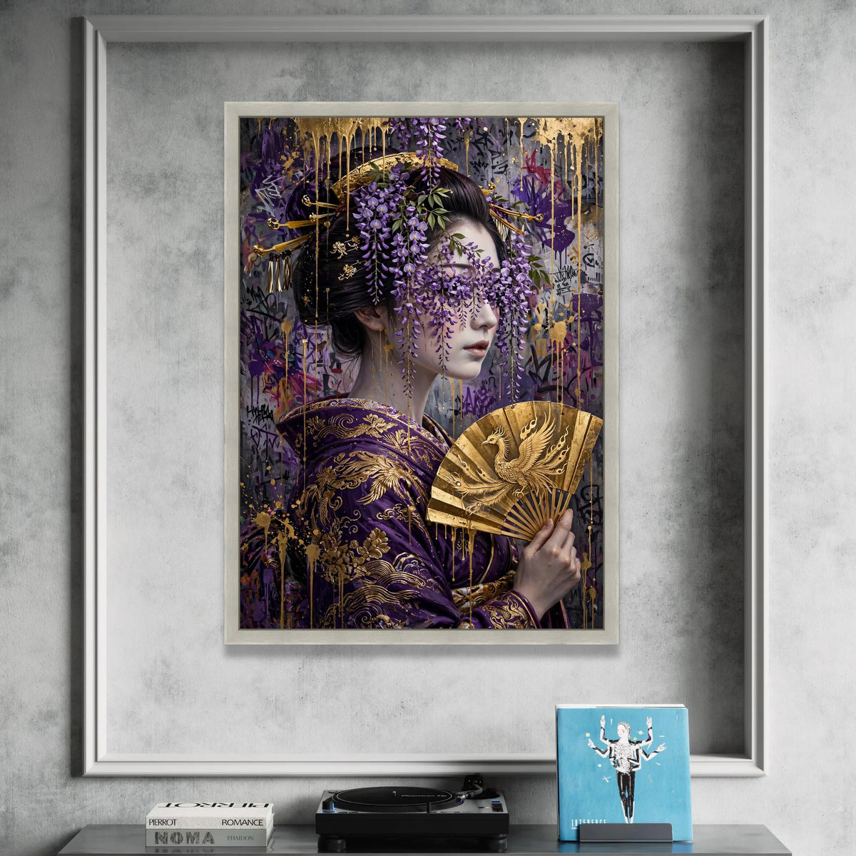 Regal Geisha Portrait Canvas, Purple Wisteria Flowers Art, Gold Fan Decoration, Asian Wall Hanging, Elegant Home Canvas Canvas Print Art