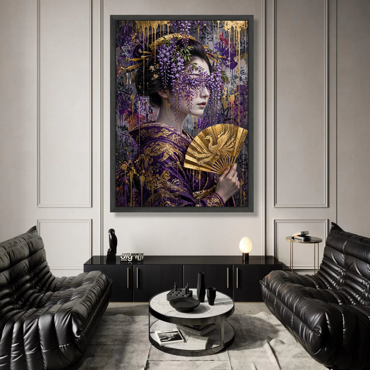 Regal Geisha Portrait Canvas, Purple Wisteria Flowers Art, Gold Fan Decoration, Asian Wall Hanging, Elegant Home Canvas Canvas Print Art
