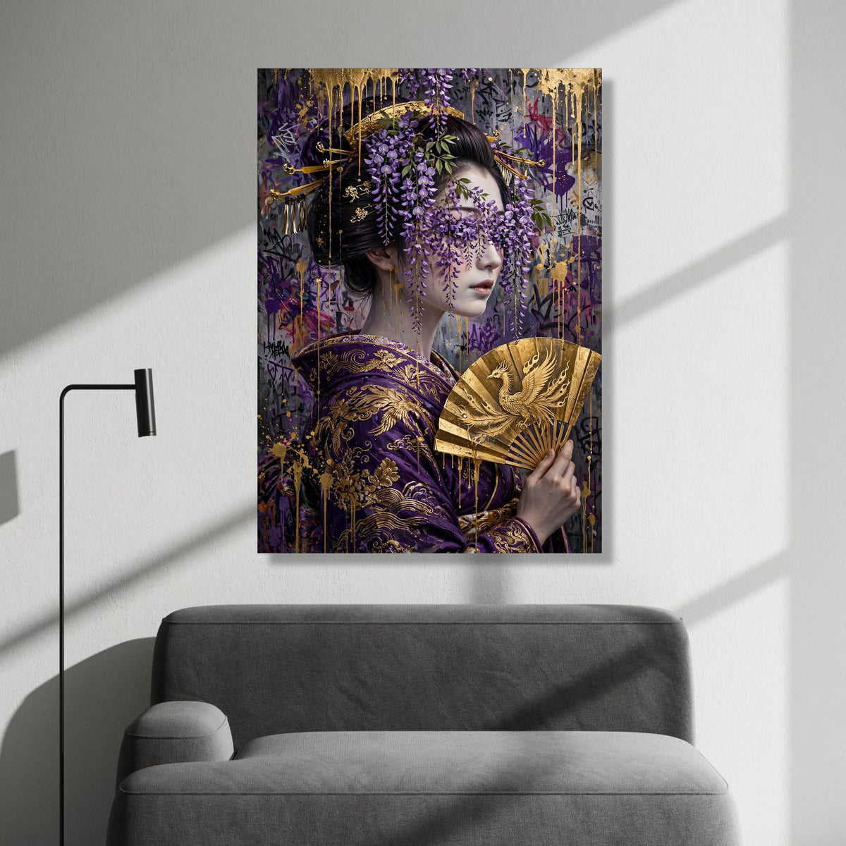 Regal Geisha Portrait Canvas, Purple Wisteria Flowers Art, Gold Fan Decoration, Asian Wall Hanging, Elegant Home Canvas Canvas Print Art