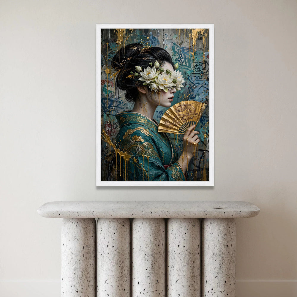 Elegant Geisha with Lotus Flowers Canvas Wall Art, Asian Woman Portrait Painting, Golden Fan Decorative Print, Modern Canvas Print Art
