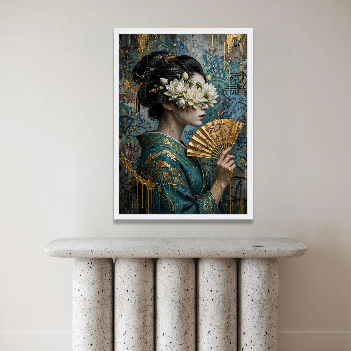 Elegant Geisha with Lotus Flowers Canvas Wall Art, Asian Woman Portrait Painting, Golden Fan Decorative Print, Modern Canvas Print Art