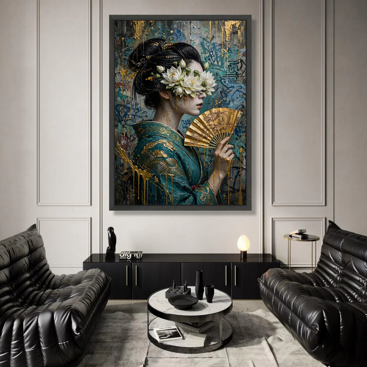 Elegant Geisha with Lotus Flowers Canvas Wall Art, Asian Woman Portrait Painting, Golden Fan Decorative Print, Modern Canvas Print Art