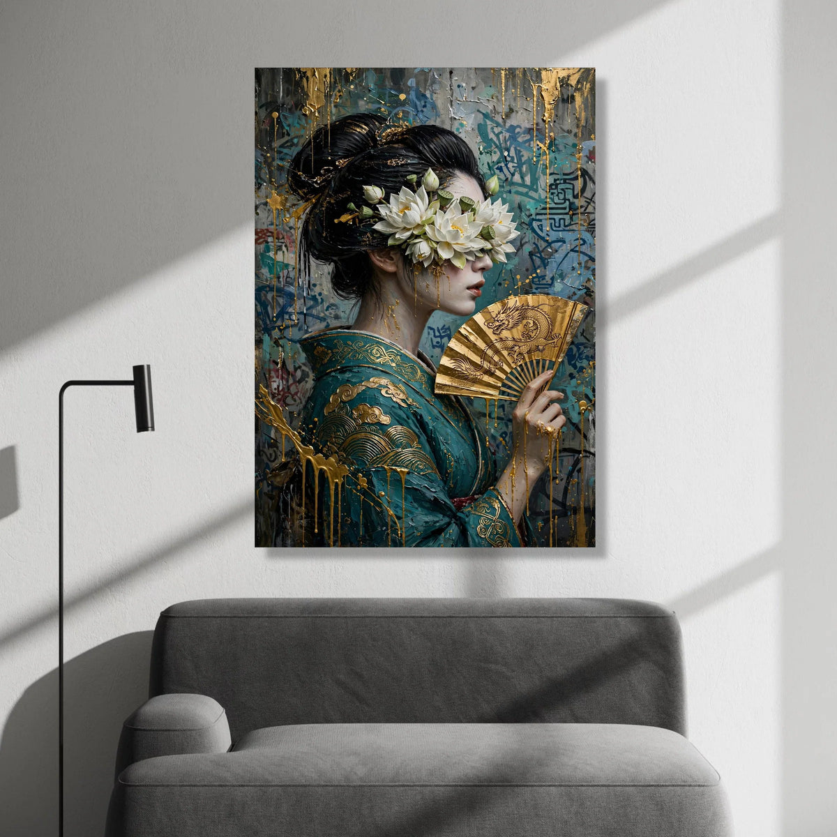 Elegant Geisha with Lotus Flowers Canvas Wall Art, Asian Woman Portrait Painting, Golden Fan Decorative Print, Modern Canvas Print Art