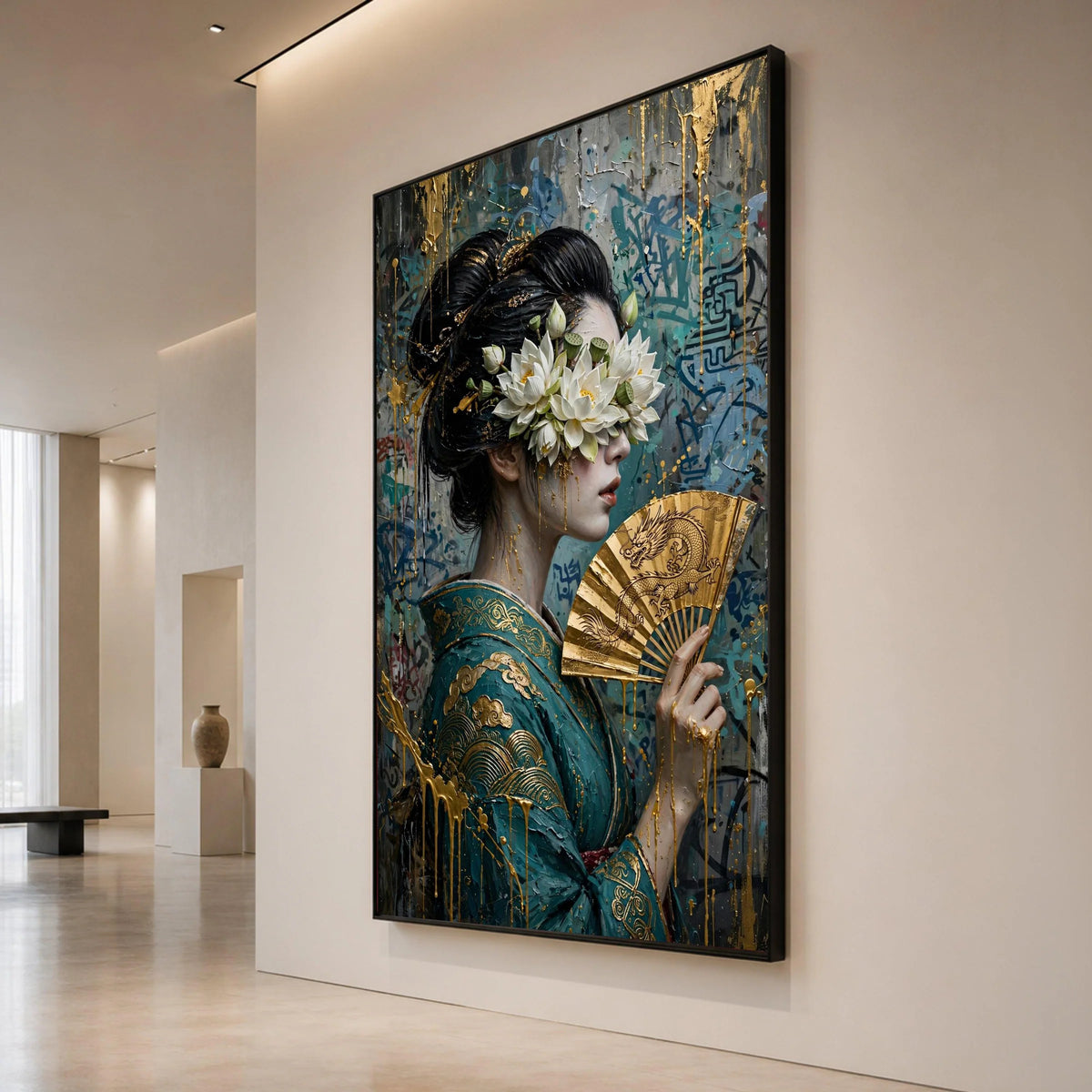 Elegant Geisha with Lotus Flowers Canvas Wall Art, Asian Woman Portrait Painting, Golden Fan Decorative Print, Modern Canvas Print Art