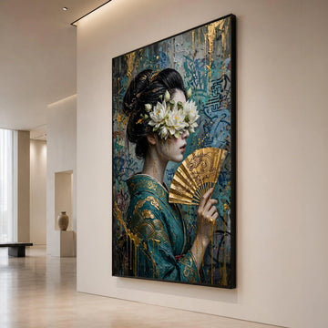 Elegant Geisha with Lotus Flowers Canvas Wall Art, Asian Woman Portrait Painting, Golden Fan Decorative Print, Modern Canvas Print Art