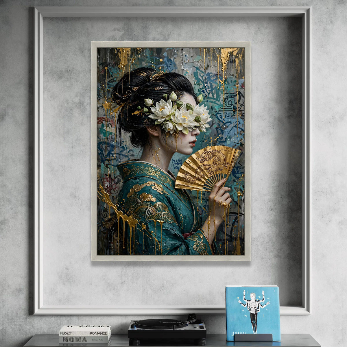 Elegant Geisha with Lotus Flowers Canvas Wall Art, Asian Woman Portrait Painting, Golden Fan Decorative Print, Modern Canvas Print Art