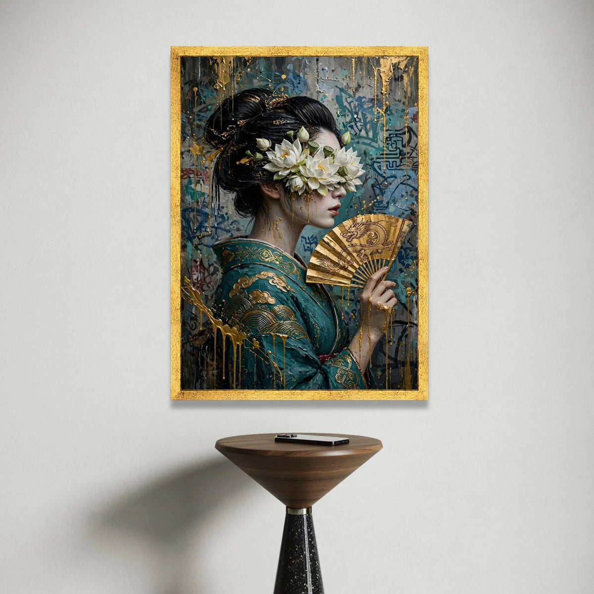 Elegant Geisha with Lotus Flowers Canvas Wall Art, Asian Woman Portrait Painting, Golden Fan Decorative Print, Modern Canvas Print Art