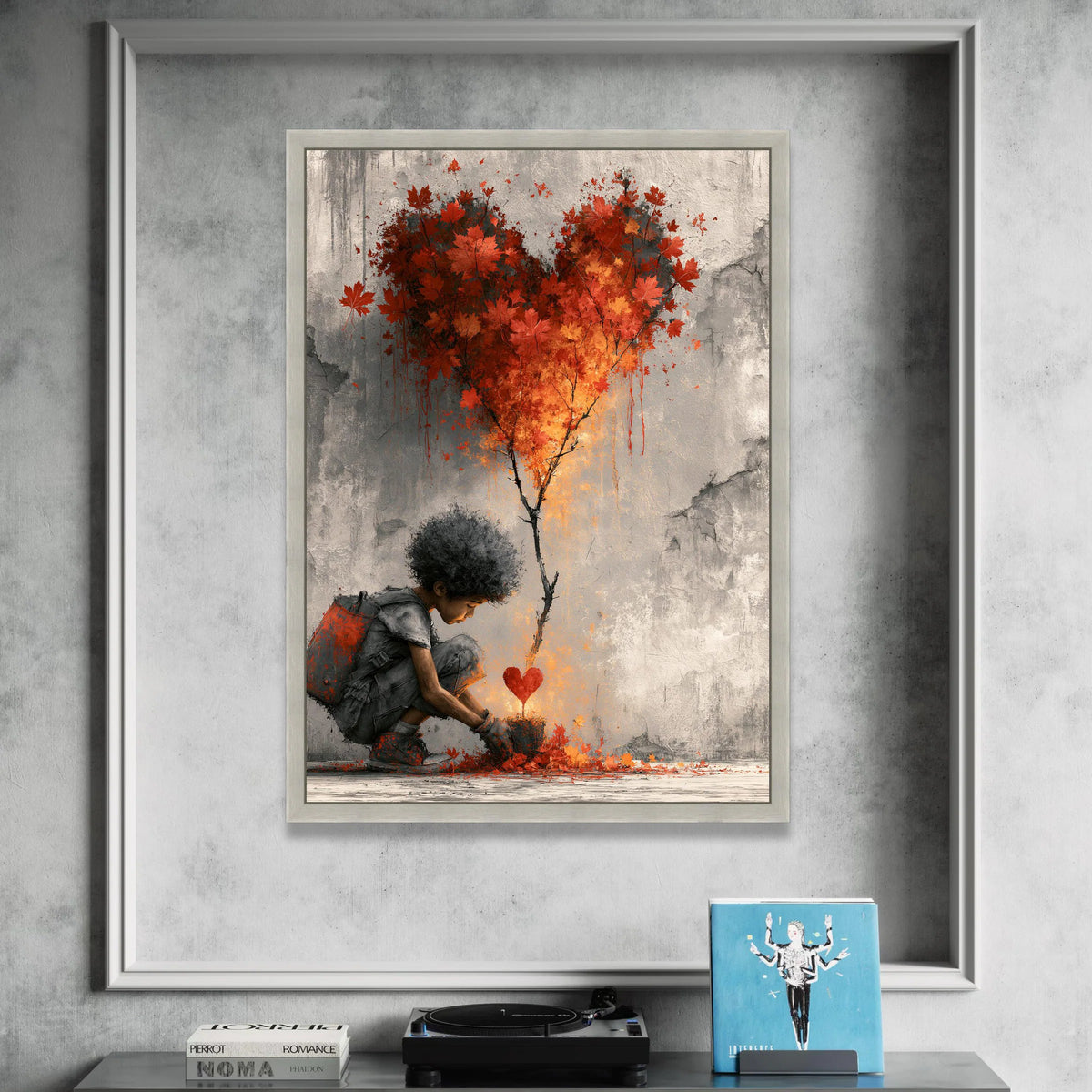 Child Planting Heart Tree Canvas, Red Maple Leaves Wall Art, Love Growth Illustration, Modern Home Decoration, Nature Canvas Print Art