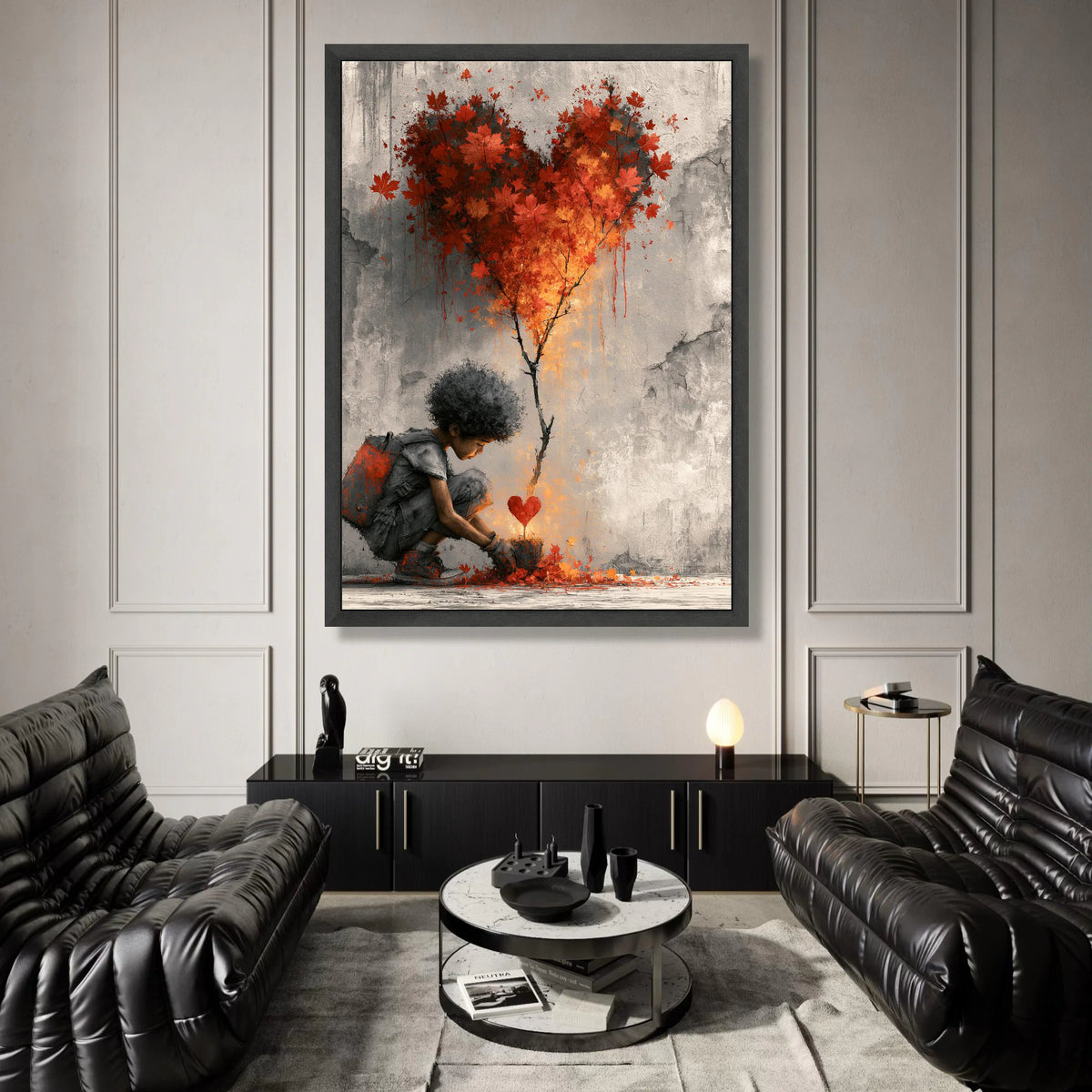 Child Planting Heart Tree Canvas, Red Maple Leaves Wall Art, Love Growth Illustration, Modern Home Decoration, Nature Canvas Print Art