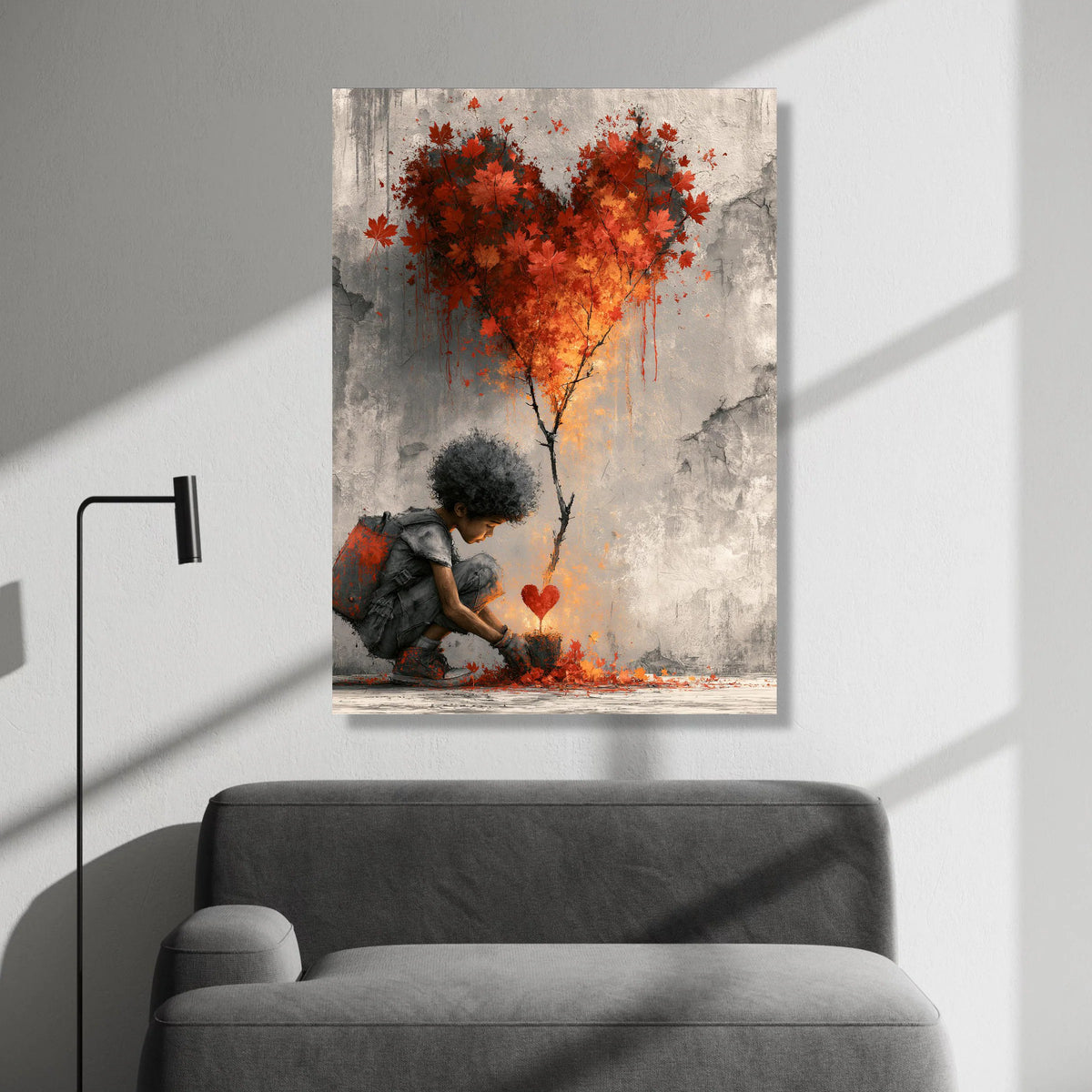 Child Planting Heart Tree Canvas, Red Maple Leaves Wall Art, Love Growth Illustration, Modern Home Decoration, Nature Canvas Print Art