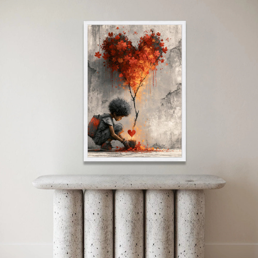Child Planting Heart Tree Canvas, Red Maple Leaves Wall Art, Love Growth Illustration, Modern Home Decoration, Nature Canvas Print Art