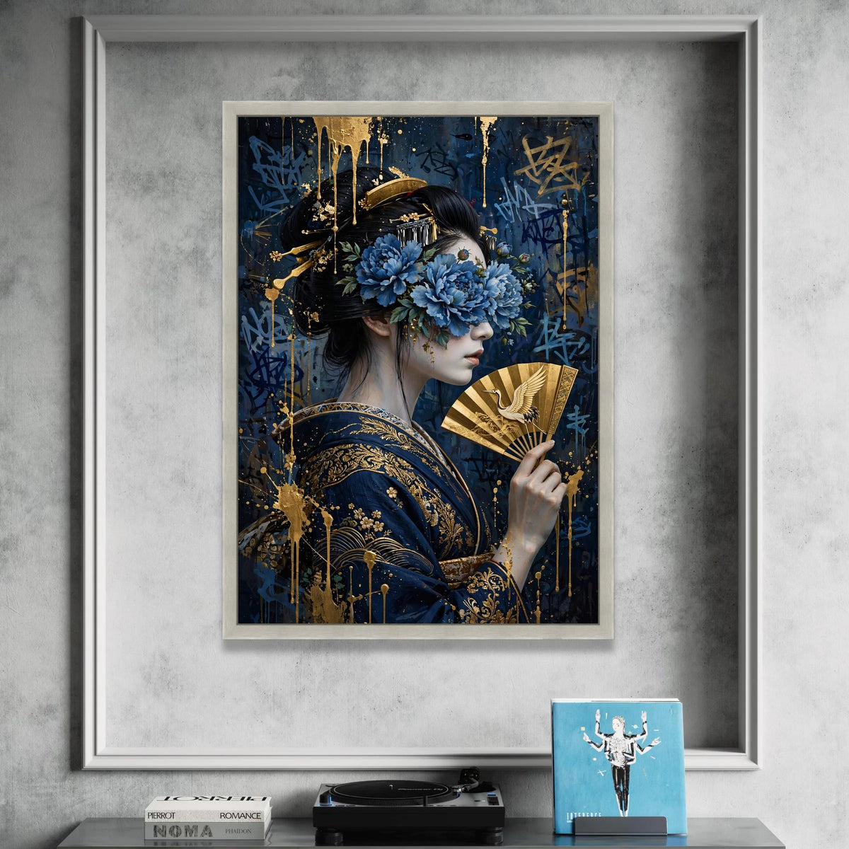 Elegant Geisha Portrait Canvas Wall Art, Blue Floral Mask, Golden Fan Artwork, Japanese Traditional Style, Decorative Home Canvas Print Art