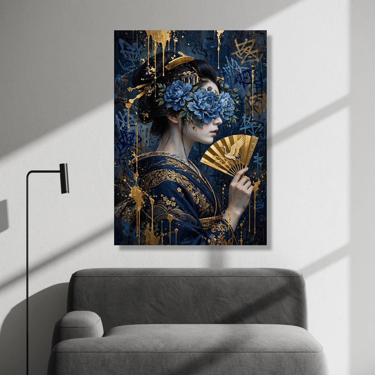 Elegant Geisha Portrait Canvas Wall Art, Blue Floral Mask, Golden Fan Artwork, Japanese Traditional Style, Decorative Home Canvas Print Art