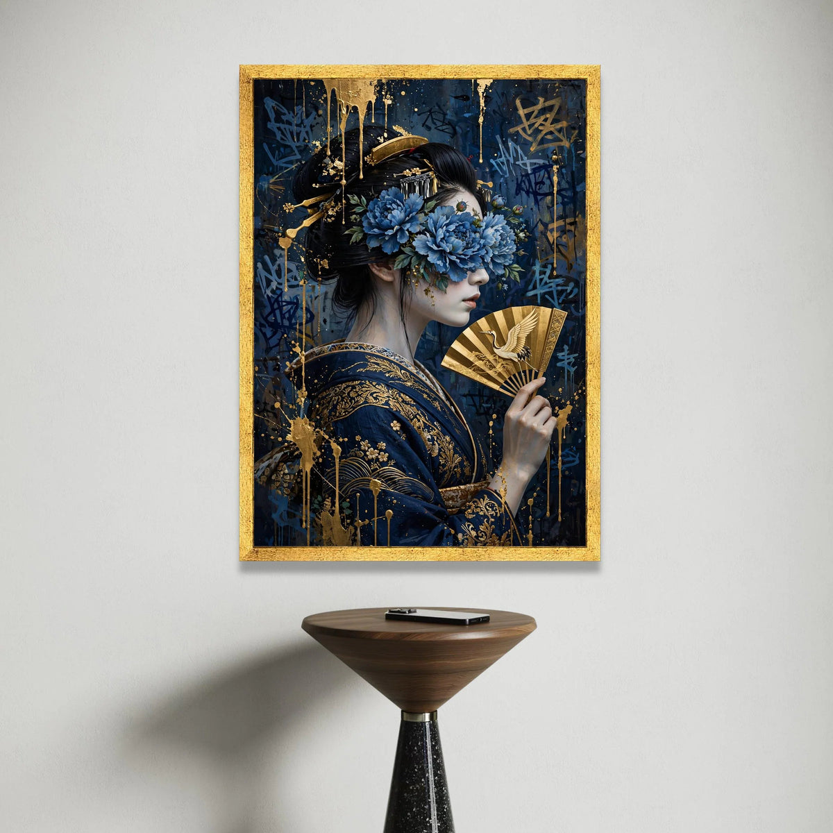 Elegant Geisha Portrait Canvas Wall Art, Blue Floral Mask, Golden Fan Artwork, Japanese Traditional Style, Decorative Home Canvas Print Art