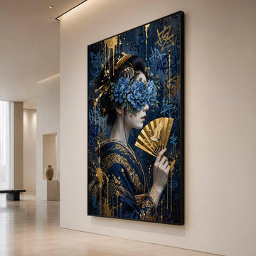 Elegant Geisha Portrait Canvas Wall Art, Blue Floral Mask, Golden Fan Artwork, Japanese Traditional Style, Decorative Home Canvas Print Art